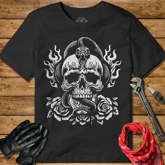 Snake and Skull Distressed Motorcycle T-shirt