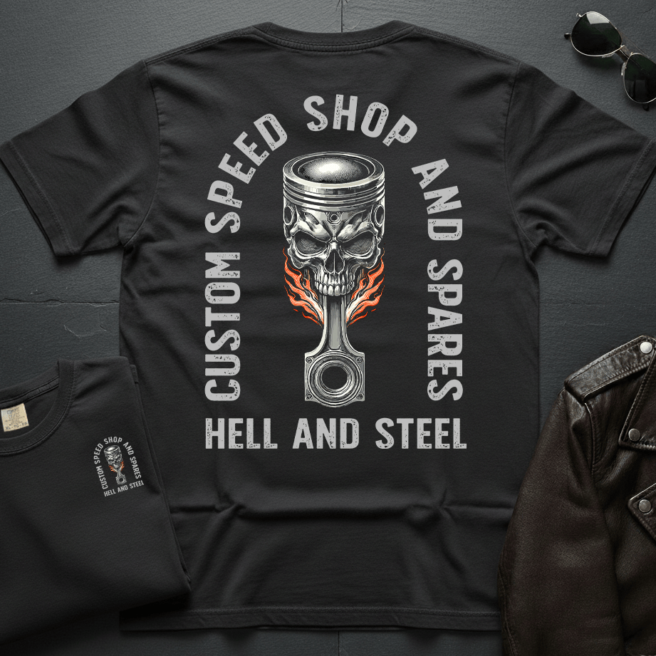 Flaming Skull Piston 2-Sided T-Shirt