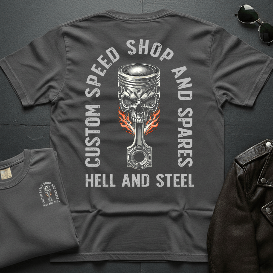 Flaming Skull Piston 2-Sided T-Shirt