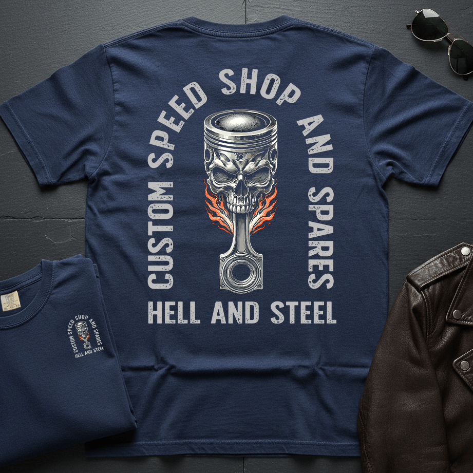 Flaming Skull Piston 2-Sided T-Shirt